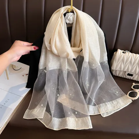 Women Fashion Floral Rhinestone Scarf Polyester Lightweight Sheer Shawl Elegant Evening Party Dress Qipao Accessories