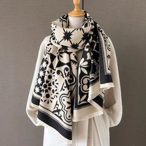 Damen Winter Verdickter Kaschmirähnlicher Schal Beidseitig Bedruckt Geometrischer Schal Warmer Langer Quasten Umhang