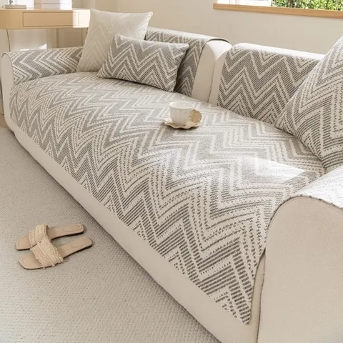 Japanese Minimalist Faux Linen Striped Wave Pattern Woven Sofa Cushion Non Slip Geometric Sectional Sofa Slipcover For Home Decor