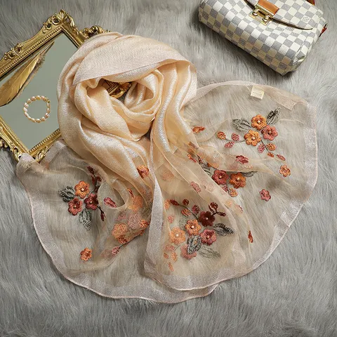 Damen Seidenschal Lang Blumen Bestickt Perlen Schal Elegante Maulbeerseide Schals Für Damen Mode Accessoires