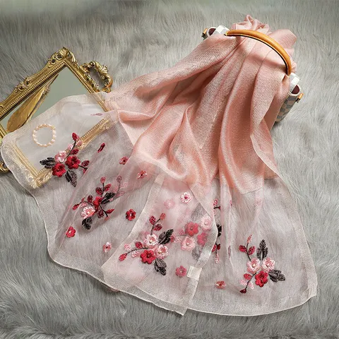 Damen Seidenschal Lang Blumen Bestickt Perlen Schal Elegante Maulbeerseide Schals Für Damen Mode Accessoires