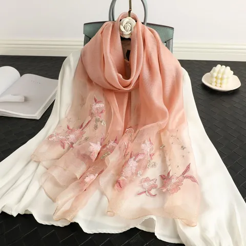 Damen Frühling Herbst Seide Wolle Mischung Langer Schal Elegante Blumen Bestickt Weiche Leichte Tuch