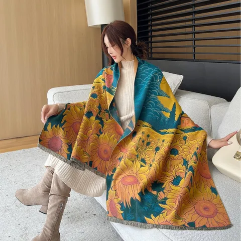 Damen Winter Verdickter Jacquard Schal Vintage Chinesischer Stil Immitation Kaschmir Tuch Quaste Warmer Langer Halsschal