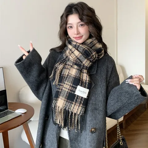 Damen Herren Winter Warmer Schal Klassisches Karo Tassel Langer Schal Weicher Casual Polyester Verdickter Halsschal