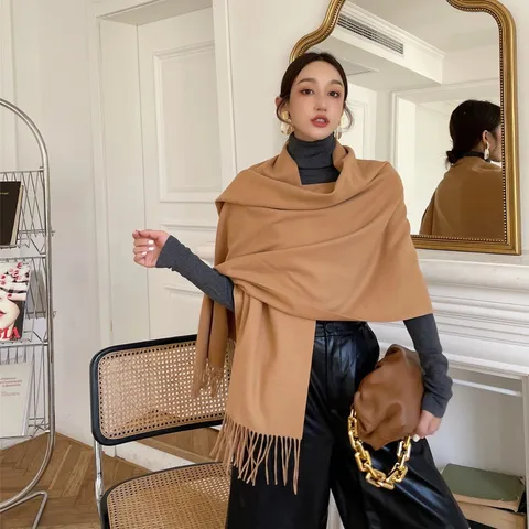 Damen Winter Einfarbig Imitation Kaschmir Schal Lässig Warm Quaste Tuch Lang Weich Mode Halstuch