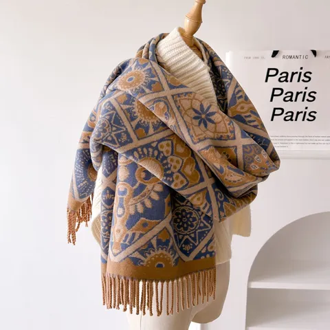 Winter Warm Verdickter Jacquard Schal Damen Vintage Geometrisches Blumenmuster Quasten Schal Weich Gemütlich Langer Halswärmer Winter Accessoire