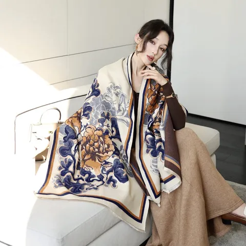 Damen Winter Warmer Verdickter Doppelseitiger Jacquard Schal Retro Blumenmuster Langer Schal Vielseitiges Tägliches Accessoire