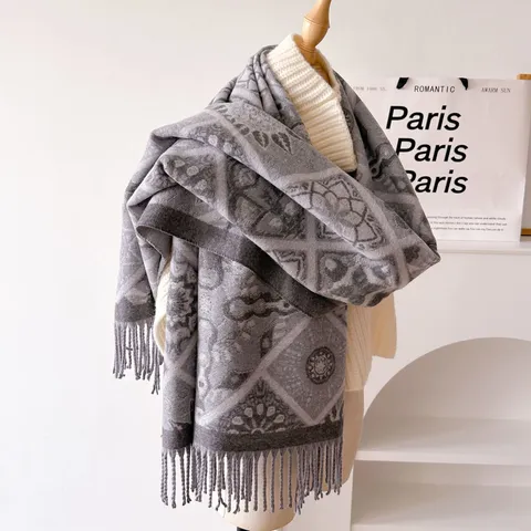 Winter Warm Verdickter Jacquard Schal Damen Vintage Geometrisches Blumenmuster Quasten Schal Weich Gemütlich Langer Halswärmer Winter Accessoire