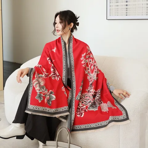 Damen Winter Warmer Verdickter Doppelseitiger Jacquard Schal Retro Blumenmuster Langer Schal Vielseitiges Tägliches Accessoire