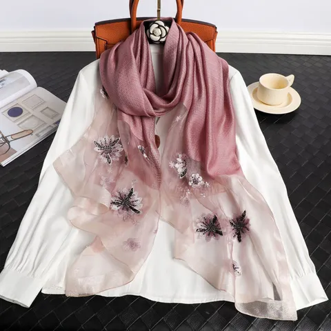High-End Seide Bestickt Schal Vintage Ethisch Stil Blumen Tuch Mode Lang Umhang Für Damen
