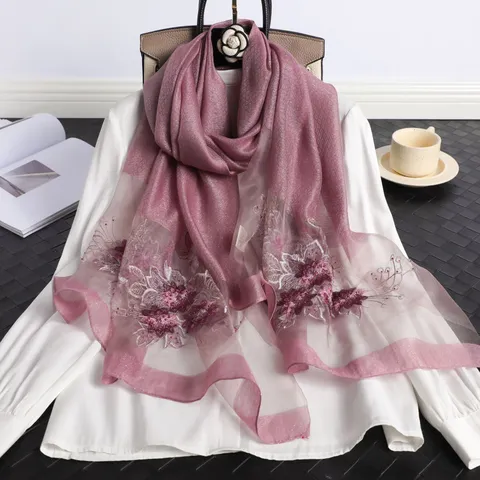 Damen Seidenschchal Elegante Blumen Stickerei Perlenlanger Schal Mode Leichter Weicher Halstuch Für Den Alltag