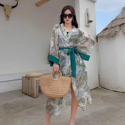 Women's Long Sun Protection Clothing Green Leaf Print Hooded Cardigan Outdoor Beach Lightweight Breathable Outerwear