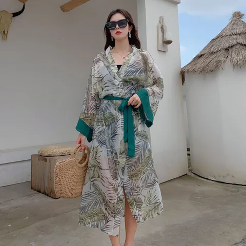 Women's Long Sun Protection Clothing Green Leaf Print Hooded Cardigan Outdoor Beach Lightweight Breathable Outerwear