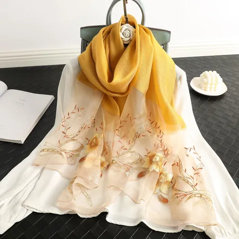Damen Seiden-Wolle-Mischung Schal Eleganter Blumenstickerei Langer Schal Mode Winter Warmer Halstuch Geschenk