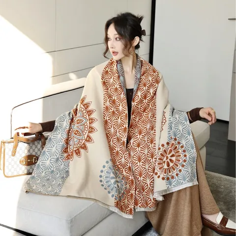 Womens Fashion Printed Polyester Scarf Jacquard Winter Warm Travel Casual Shawl Long Neck Wrap