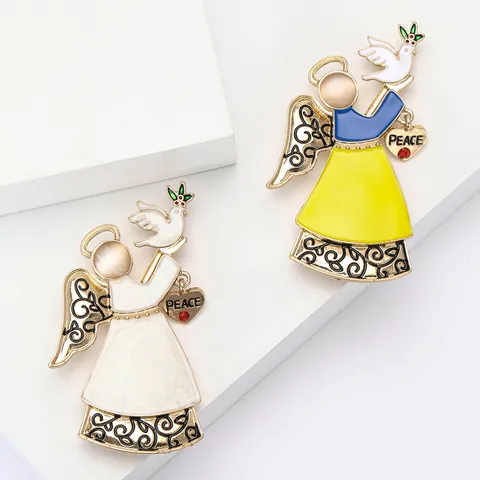 Vintage Alloy Enamel Angel Brooch With Heart Peace Dove Pendant Retro Rhinestone Pin For Women Fashion Clothing Accessories