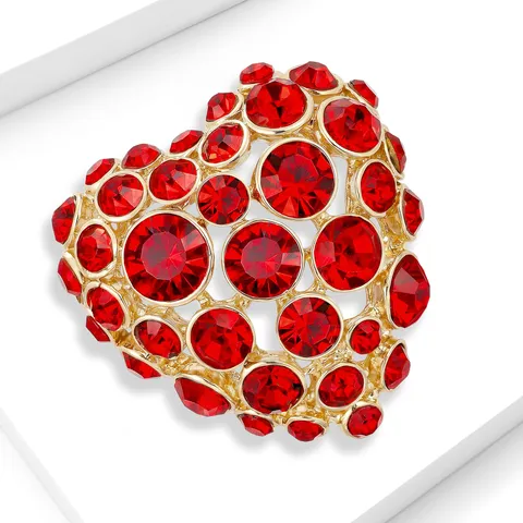 Broche Coeur en Alliage Strass Rouge Élégante pour Femmes Cadeau de Saint Valentin Accessoires Bijoux de Mode Plaqué Or