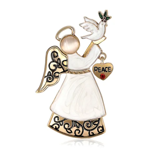 Vintage Alloy Enamel Angel Brooch With Heart Peace Dove Pendant Retro Rhinestone Pin For Women Fashion Clothing Accessories