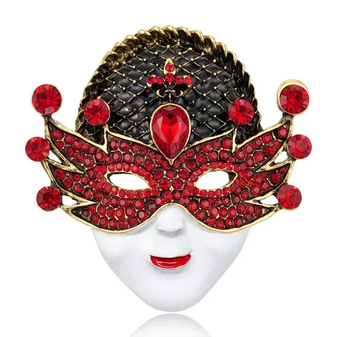 Vintage Alloy Rhinestone Smile Mask Brooch For Women Antique Gold Plated Court Venetian Masquerade Face Brooch Pin Fashion Jewelry Gift
