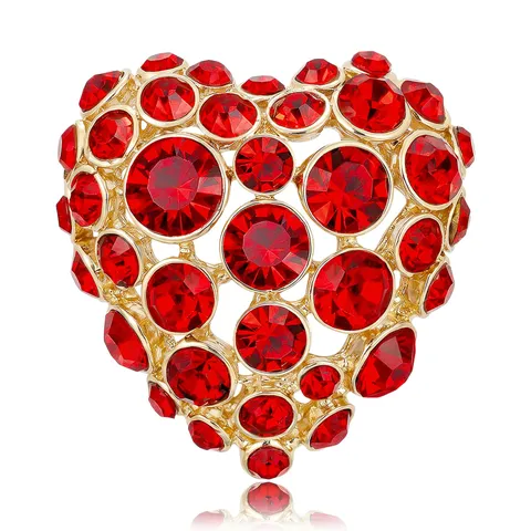 Broche Coeur en Alliage Strass Rouge Élégante pour Femmes Cadeau de Saint Valentin Accessoires Bijoux de Mode Plaqué Or