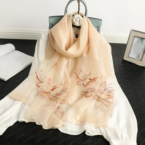 Womens Luxury Mulberry Silk Blend Scarf Rhinestone Embroidery Floral Long Shawl Soft Lightweight Neck Wrap For Women