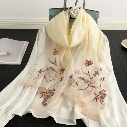 Damen Seide Wolle Schal Elegant Lotus Bestickt Ethen Stil Langer Schal Sonnenschutz Mode Wrap