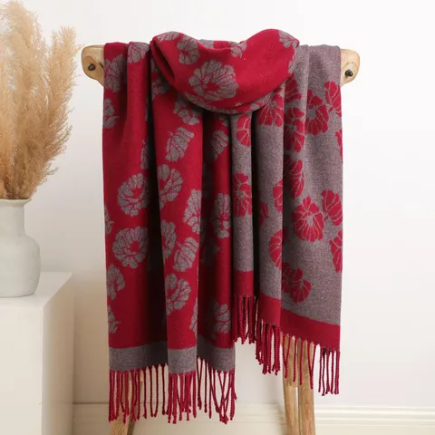 Damen Winter Warm Kernversponnenes Garn Schal Verdickt Doppelseitig Jacquard Blumen Quaste Langer Schal Mode Lässiger Wrap