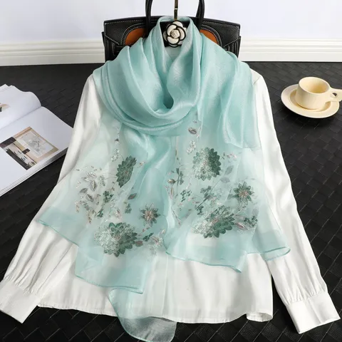 Damen Seidenschal Blumen Bestickt Lange Schals Vintage Chinesischer Stil Leichter Sonnenschutz Warmer Schal Wrap Für Damen