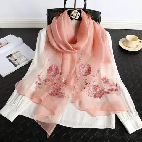 Damen Seidenschal Blumen Bestickt Lange Schals Vintage Chinesischer Stil Leichter Sonnenschutz Warmer Schal Wrap Für Damen