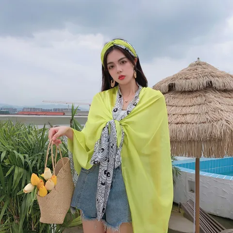 Women Sun Protection Clothing Set Satin Lemon Yellow Print Scarf Lightweight Long Sleeve Hooded Cardigan Beach