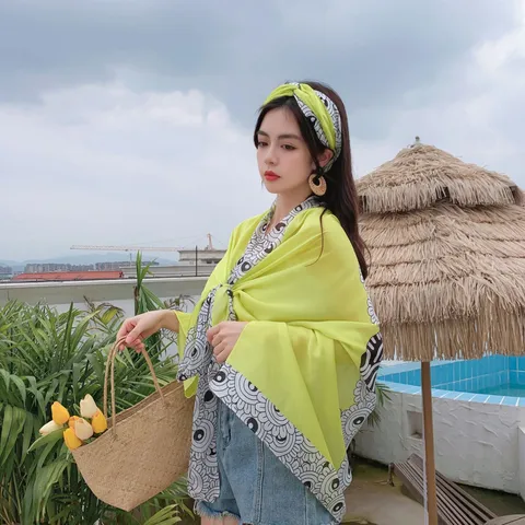 Women Sun Protection Clothing Set Satin Lemon Yellow Print Scarf Lightweight Long Sleeve Hooded Cardigan Beach