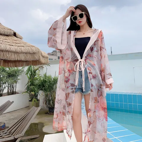 Damen Sommer Lange Mit Kapuze Sonnenschutzkleidung Blumen Bedruckt Chiffon Strand Outerwear Leichte Jacke