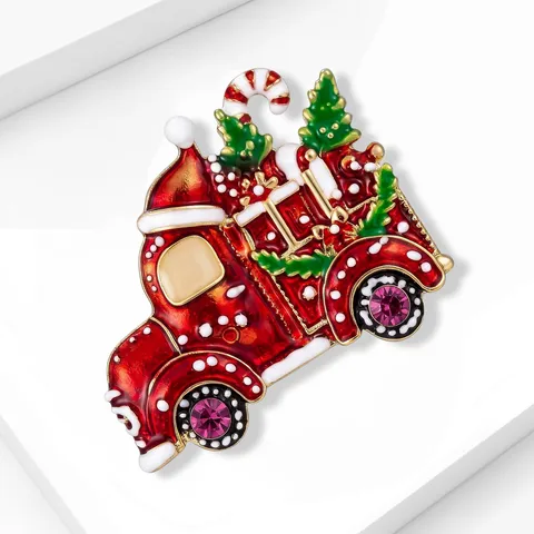 Exquisite Alloy Drip Oil Christmas Car Brooch For Women Rhinestone Christmas Tree Truck Brooch Pin Holiday Festival Party Jewelry Gift
