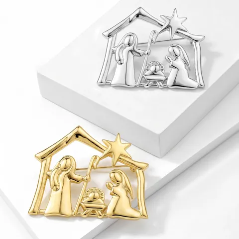 Nativity Scene Christmas Brooch Pin For Women Gold Silver Alloy Manger Holy Family Breastpin Fashion Jewelry Holiday Gift
