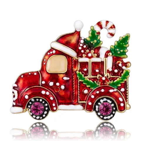 Exquisite Alloy Drip Oil Christmas Car Brooch For Women Rhinestone Christmas Tree Truck Brooch Pin Holiday Festival Party Jewelry Gift