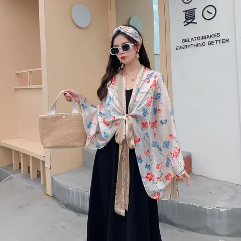 Women Summer Floral Print Satin Sun Protection Shawl Cardigan Scarf Headband Three Piece Set Beach Cover Up