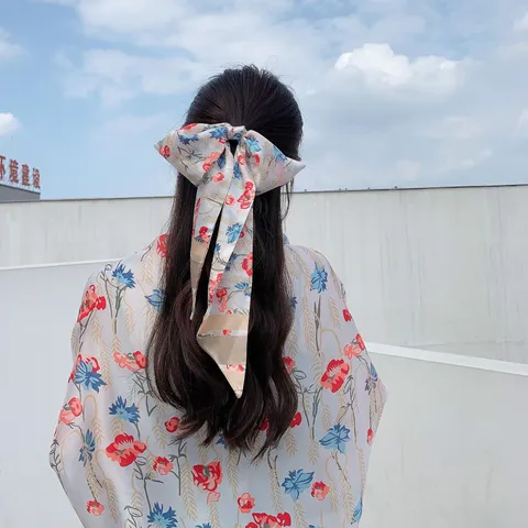 Women Summer Floral Print Satin Sun Protection Shawl Cardigan Scarf Headband Three Piece Set Beach Cover Up