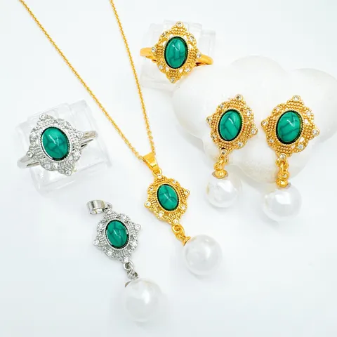 Vintage Palast Stil Vergoldeter Türkis Künstliche Perle Schmuck Komponenten Oval Strass Anhänger Ohrstecker Ring Für Damen DIY Zubehör