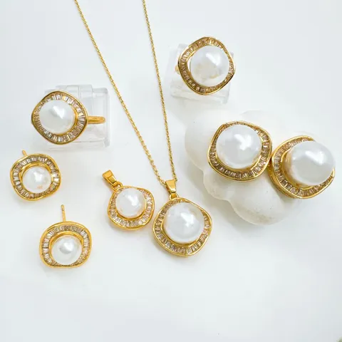 Gold Plated Copper Geometric Pearl Jewelry Setting Pendant Stud Earrings Ring For Women Vintage DIY Jewelry Accessory