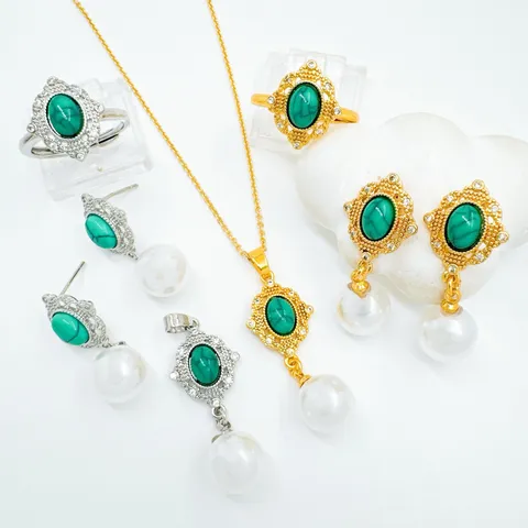 Vintage Palast Stil Vergoldeter Türkis Künstliche Perle Schmuck Komponenten Oval Strass Anhänger Ohrstecker Ring Für Damen DIY Zubehör