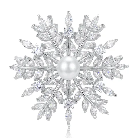 Elegante Spilla a Fiocco di Neve in Zirconia per Donna Gioielli con Spilla in Perla Artificiale con Micro Intarsio di Alta Qualità per Accessori per Feste in Abiti