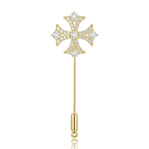 Mode Kupfer Gold Vergoldet Kreuz Lange Nadel Brosche Für Damen Exquisite Strass Eingelegt Reversnadel Schmuck Zubehör