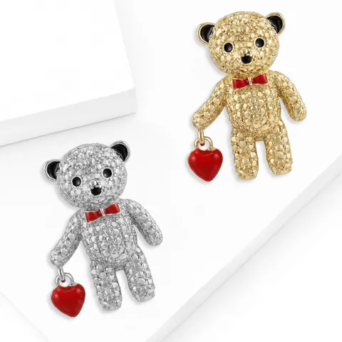 Creative Alloy Rhinestone Teddy Bear Brooch With Red Heart Bow Personalized Unisex Clothes Jewelry Brooch Pin Accessories