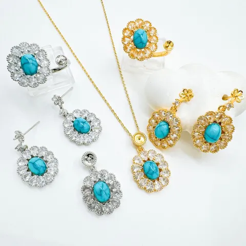 Vintage Palast Stil Strass Schmuckset Zubehör Für Damen Vergoldet Türkis Anhänger Ohrringe Ring Zubehör