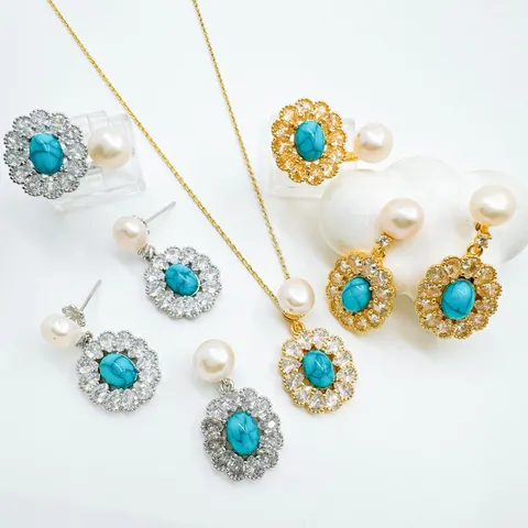 Vintage Palast Stil Strass Schmuckset Zubehör Für Damen Vergoldet Türkis Anhänger Ohrringe Ring Zubehör