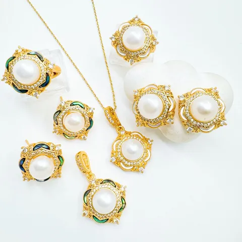 Luxury Four Leaf Clover Jewelry Components Copper Gold Silver Plated Rhinestone Shell Earrings Ring Pendant For Women Fashion DIY Accessories