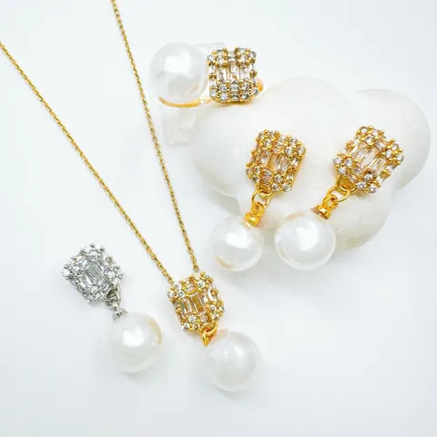 European Fashion Zirconia Pearl Jewelry Set Components Copper Inlaid Square Pendant Earrings Ring DIY Jewelry Accessories