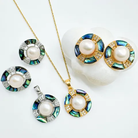 Luxury 18K Gold Plated Copper Pearl Jewelry Components White Abalone Shell Rhinestone Geometric Stud Earrings Pendant Ring