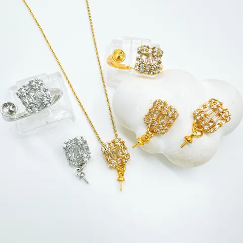 European Fashion Zirconia Pearl Jewelry Set Components Copper Inlaid Square Pendant Earrings Ring DIY Jewelry Accessories