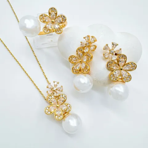 Elegant Copper Flower Pendant Necklace Earrings Ring Fashion Jewelry Set With Rhinestone Artificial Pearl For Women Gift